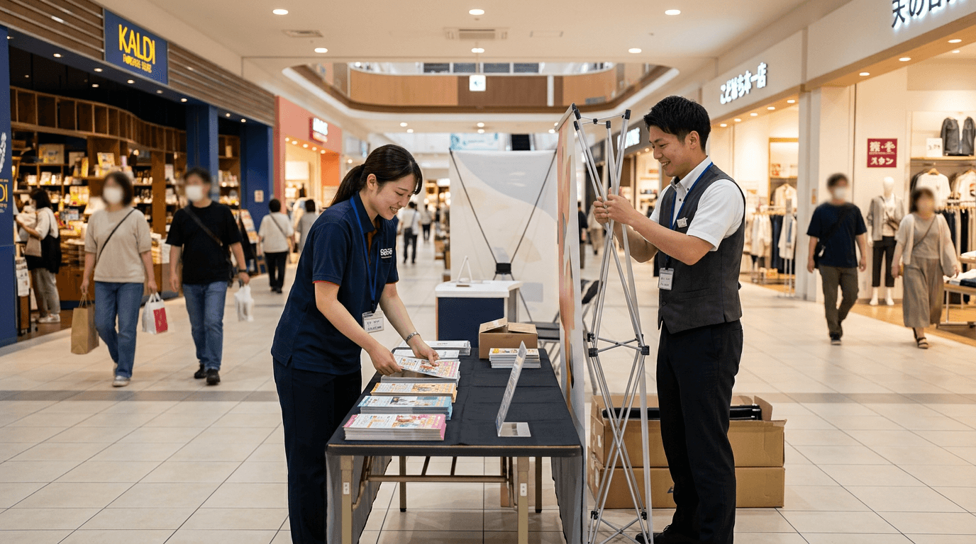 日本の商業施設のイベントブースで準備する日本人スタッフチームのイメージ